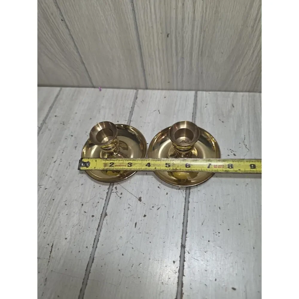 Vintage Pair Polished Brass Candlestick Candle Holders 3